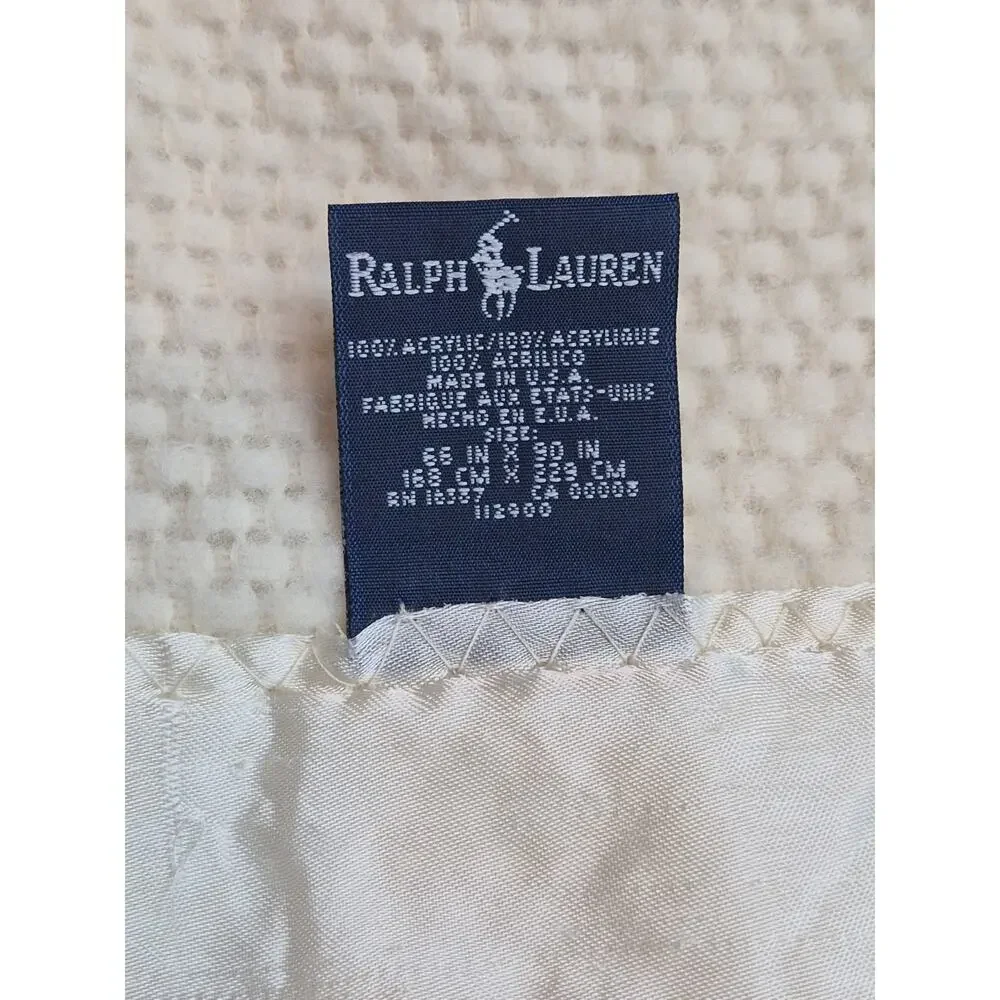 VTG Ralph Lauren Blanket Waffle Weave Satin Binding Acrylic Beige Ivory 68x89